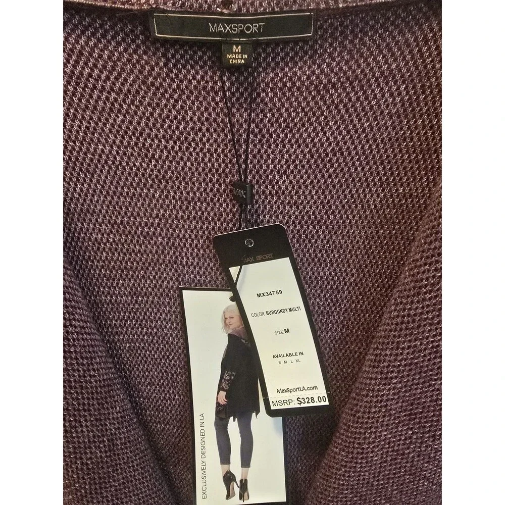 NWT MAXSPORT Hooded Cardigan Sweater Women's Burgundy Floral Sz M - Picture 2 of 8